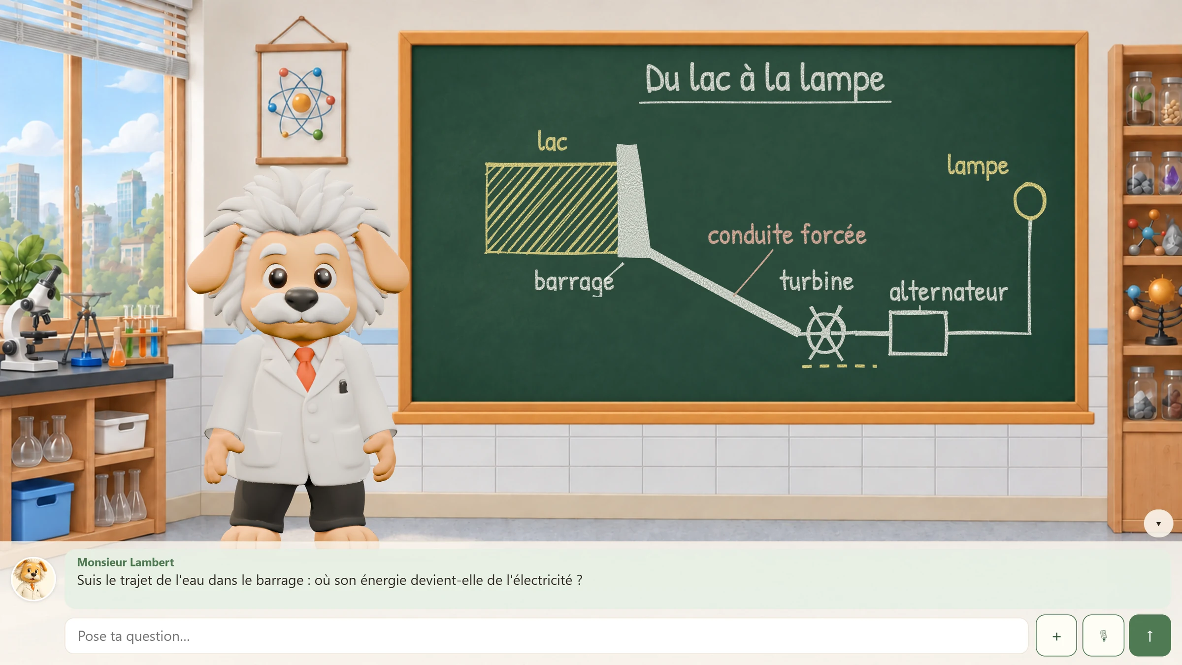 Monsieur Lambert explique au tableau le schéma d'un barrage, du lac à la lampe